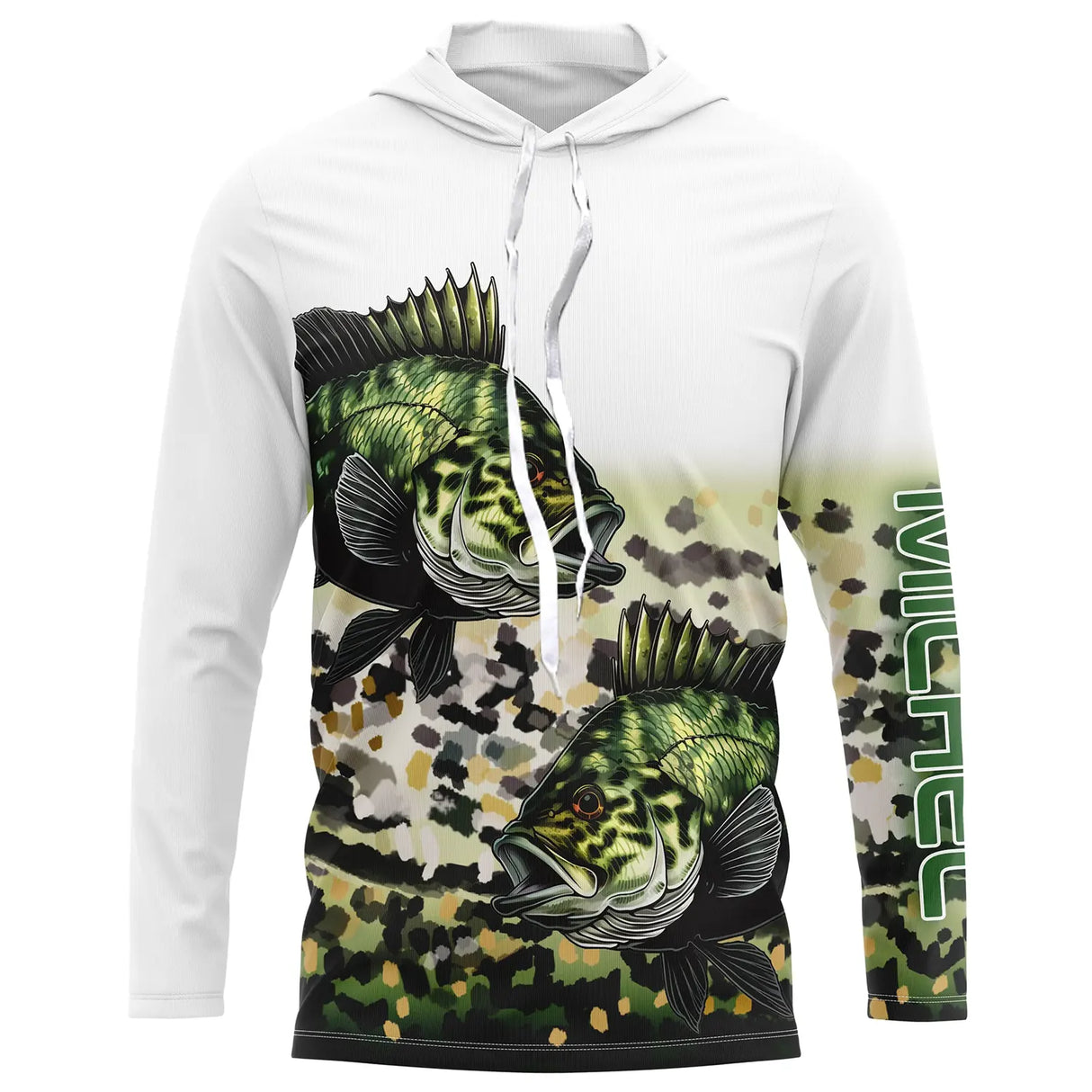 T-shirt anti UV à capuche pêche crapet de roche, deux crapets verts en pleine eau et bande basse camouflage, prénom brodé