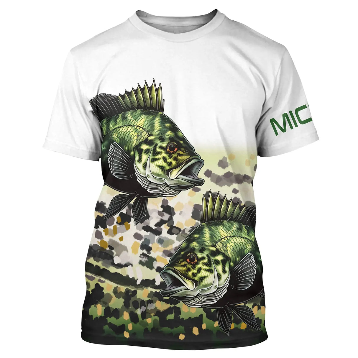 T-shirt manches courtes pêche crapet de roche, design double poissons et camouflage bas, accessoire personnalisable pêcheur