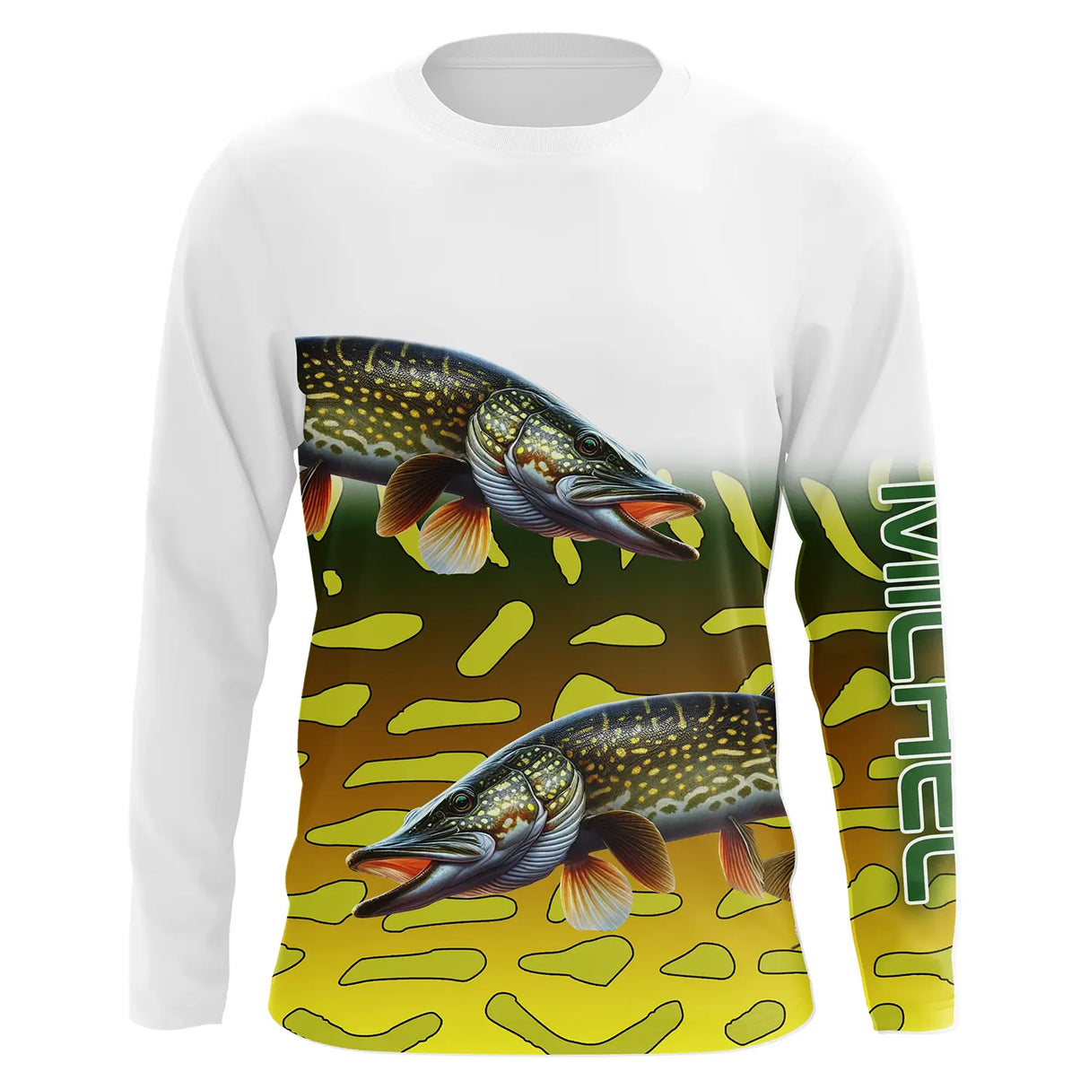 T-shirt anti UV manches longues pêche brochet double, illustration esox et écailles jaune vert, vêtement halieutique