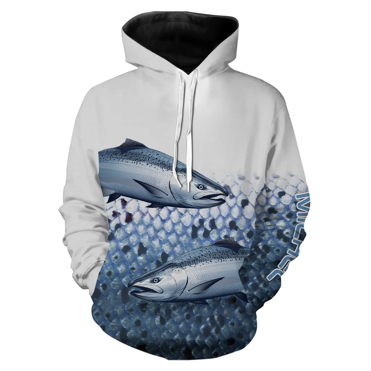 Sweat zippé pêche saumon double, prénom brodé manche, vêtement halieutique unisexe pour saumonier