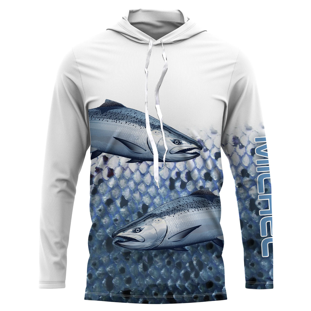 T-shirt anti UV à capuche pêche saumon double, deux salmonidés argentés en pleine eau et bande basse écailles bleu nuit