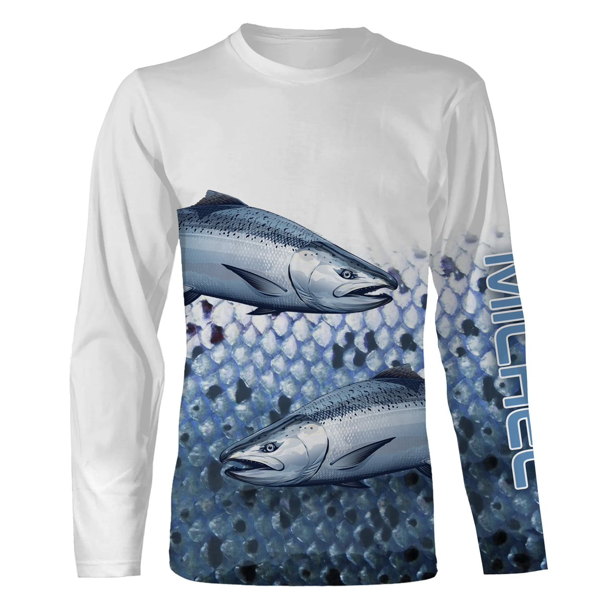 T-shirt manches longues pêche saumon double, illustration salmonidés et écailles, prénom brodé manche