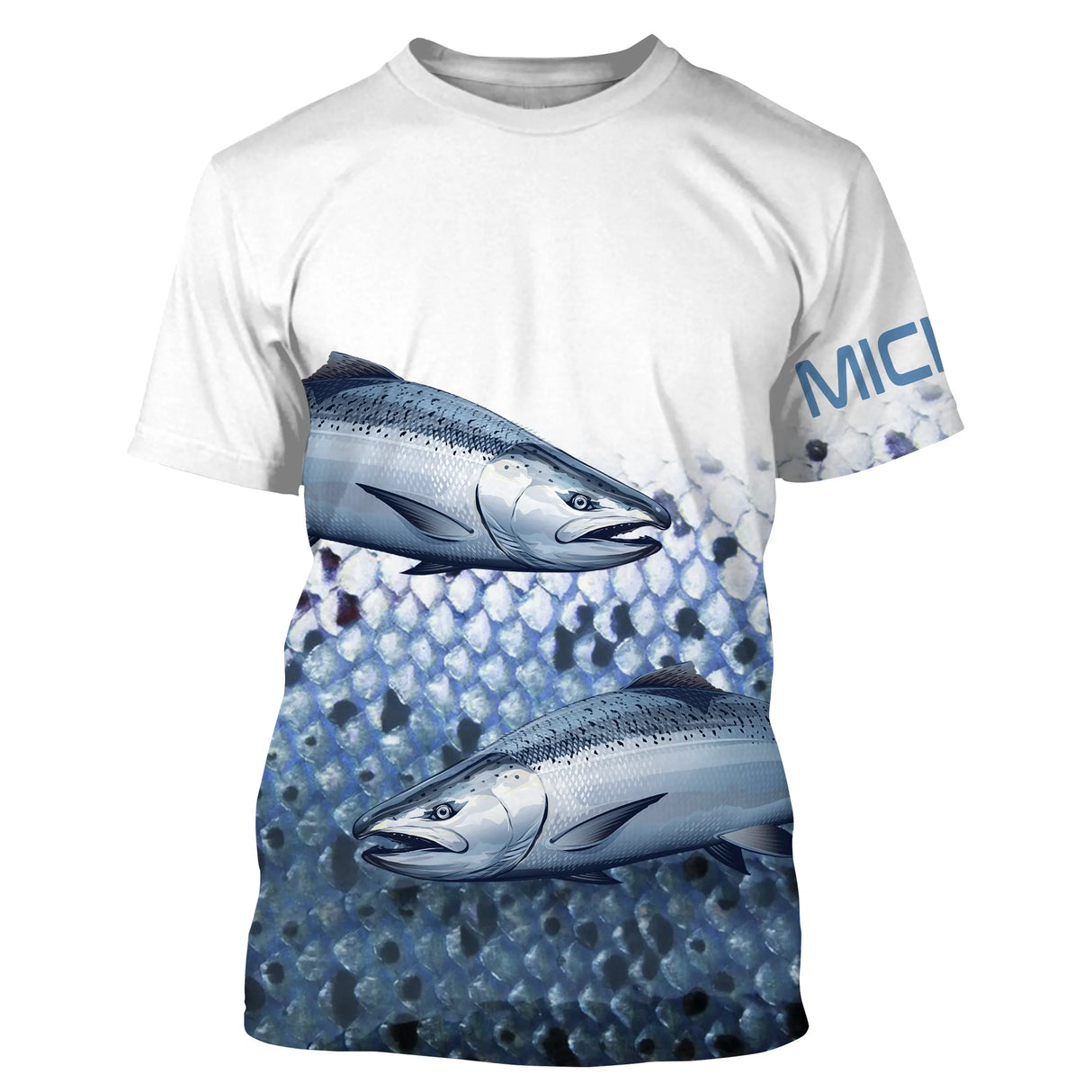 T-shirt manches courtes pêche saumon, design double prises et peau bleu nuit, accessoire personnalisable pour pêcheur
