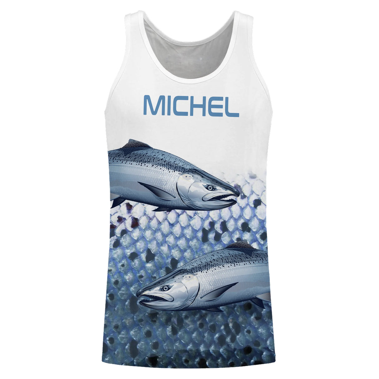 T-shirt halieutique pêche saumon double, coupe technique respirante, design double salmonidé, personnalisable prénom