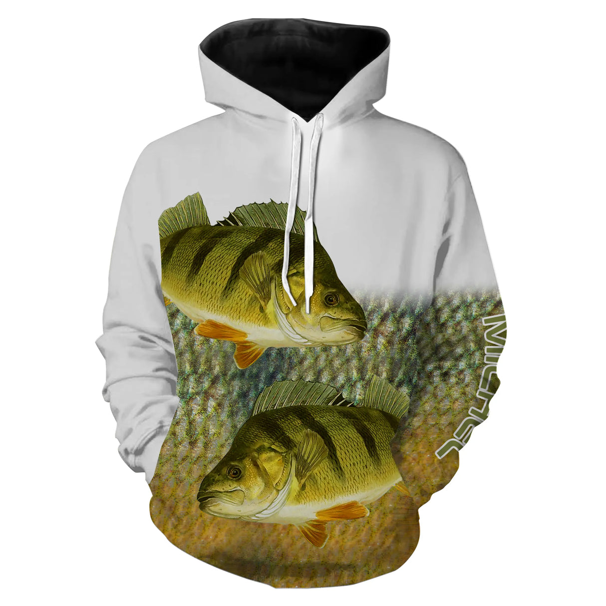 Sweat zippé pêche perche double, prénom brodé manche, vêtement halieutique unisexe pour pêcheur leurre