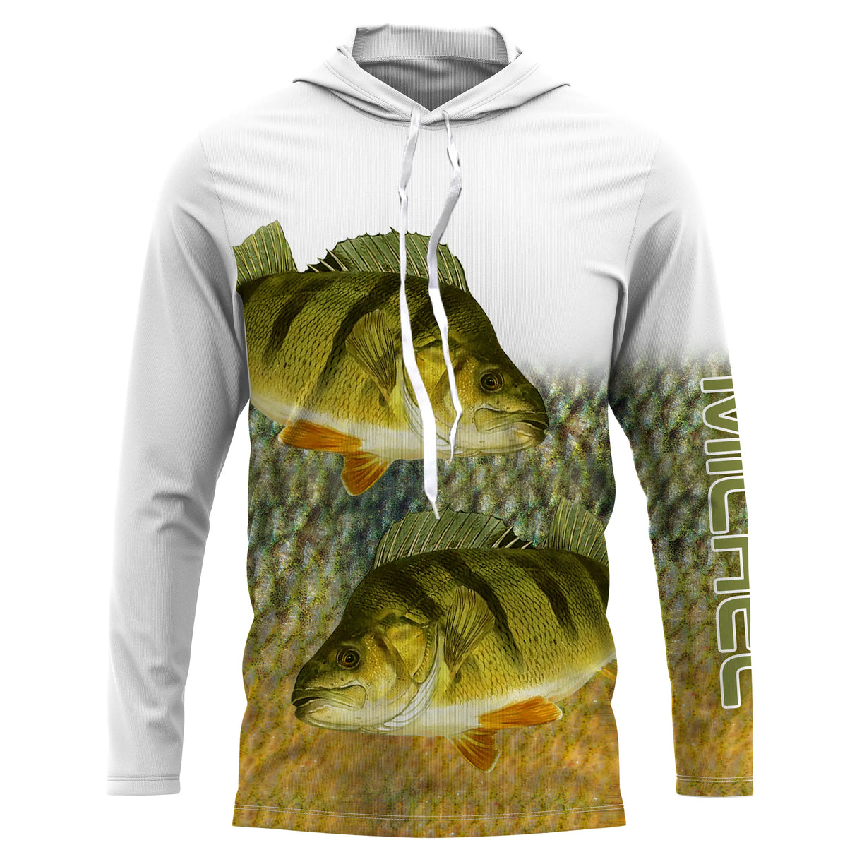 T-shirt anti UV à capuche pêche perche double, deux perches rayées jaune et vert en pleine eau et bande basse écailles