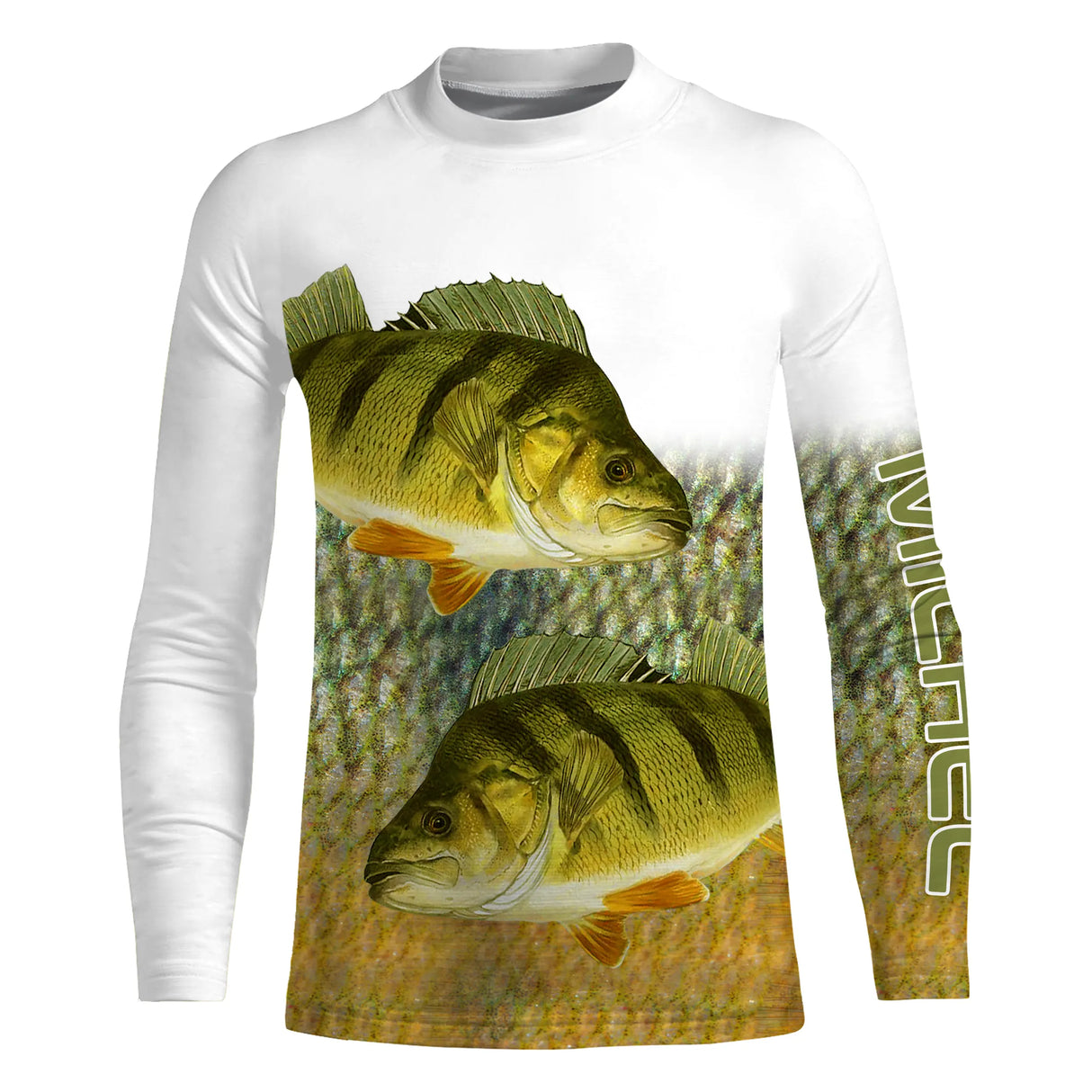 Tee shirt anti UV pêche perche double vue dos, motif écailles vert jaune, vêtement technique pour pêcheur carnassier