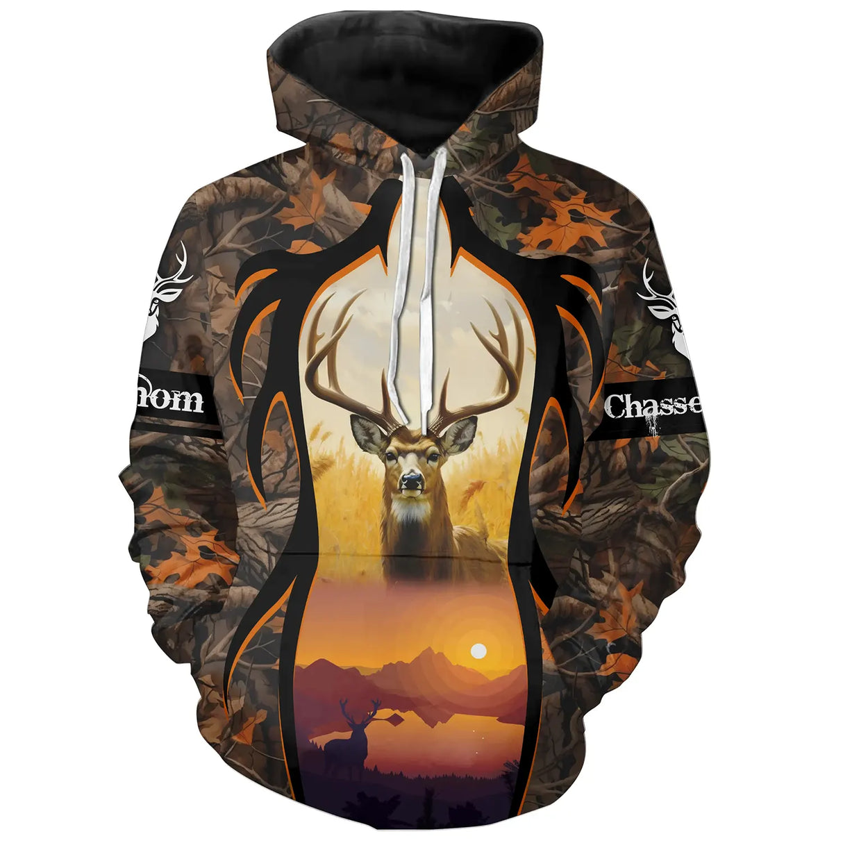 Sweat à capuche chasse cerf grand bois automne, paysage coucher de soleil, vêtement chaud pour chasseur au brame
