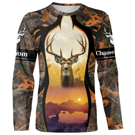 T-shirt Camouflage Chasse Au Cerf, Idée Cadeau Personnalisé Chasseur, Motif Automne - CT06092215 T-shirt All Over Manches Longues Unisexe