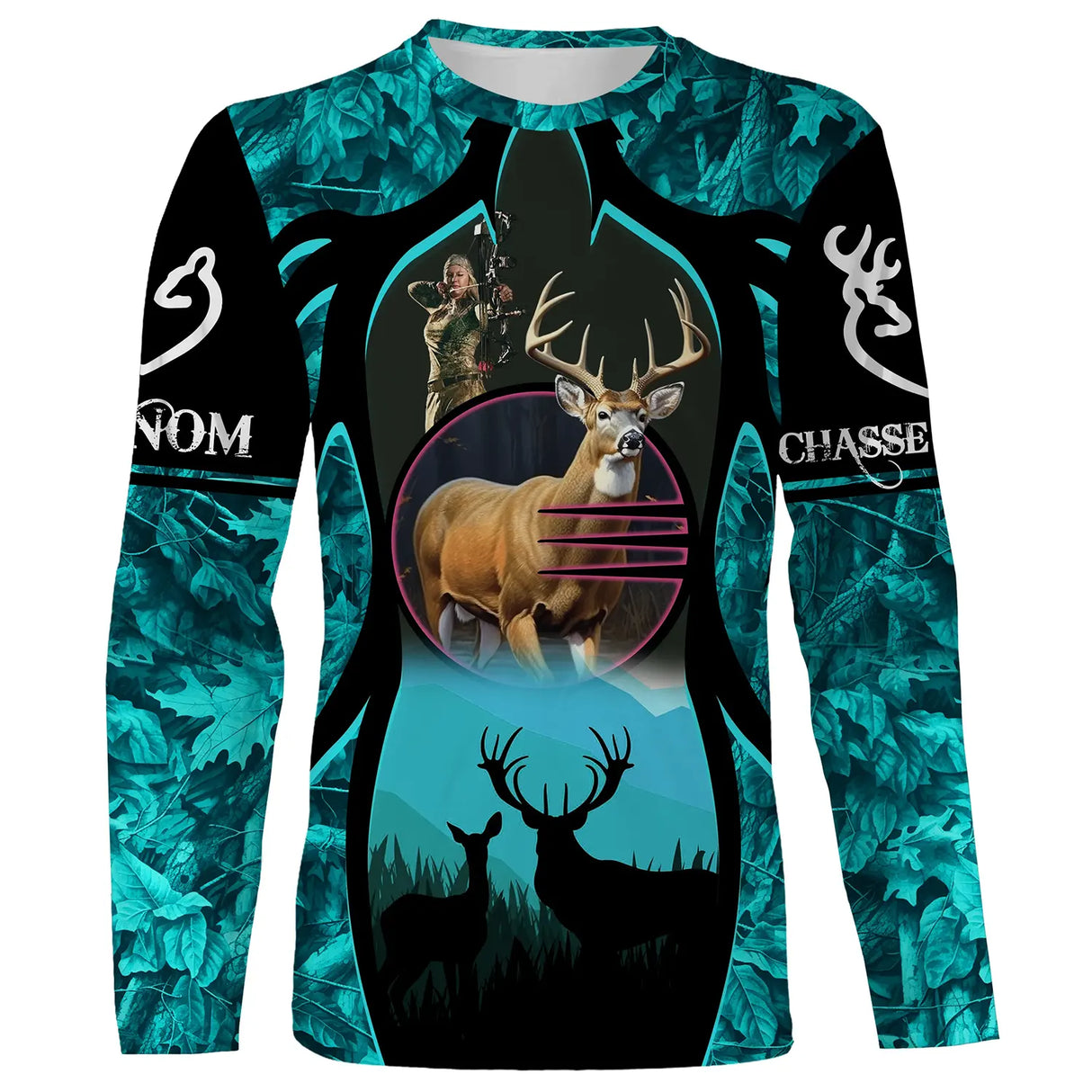 T-shirt chasse cerf turquoise vue de face design original couleur vive, coupe unisexe personnalisable chasseur