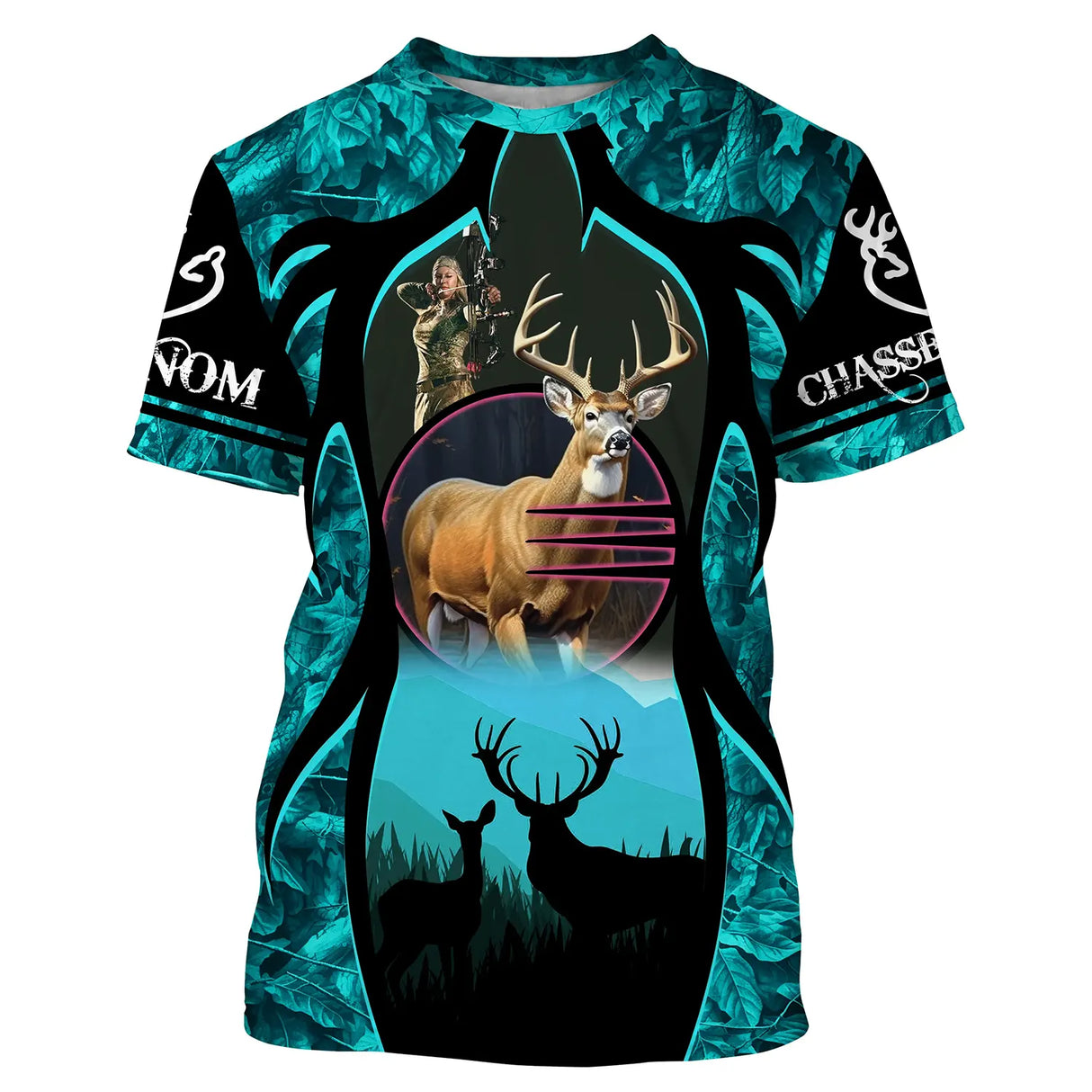 T-shirt chasse cerf camouflage turquoise et noir avec cerf à grand bois central et silhouette de chasseur en tir d affût