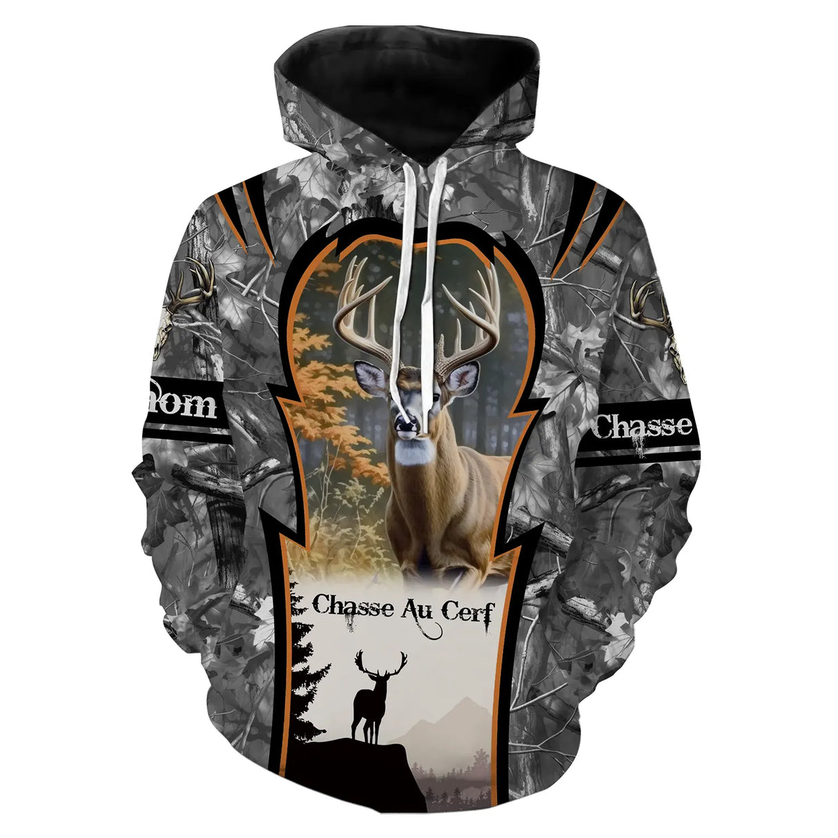 Sweat à capuche chasse cerf camo gris, grand cerf central et faon, vêtement chaud pour chasseur en forêt