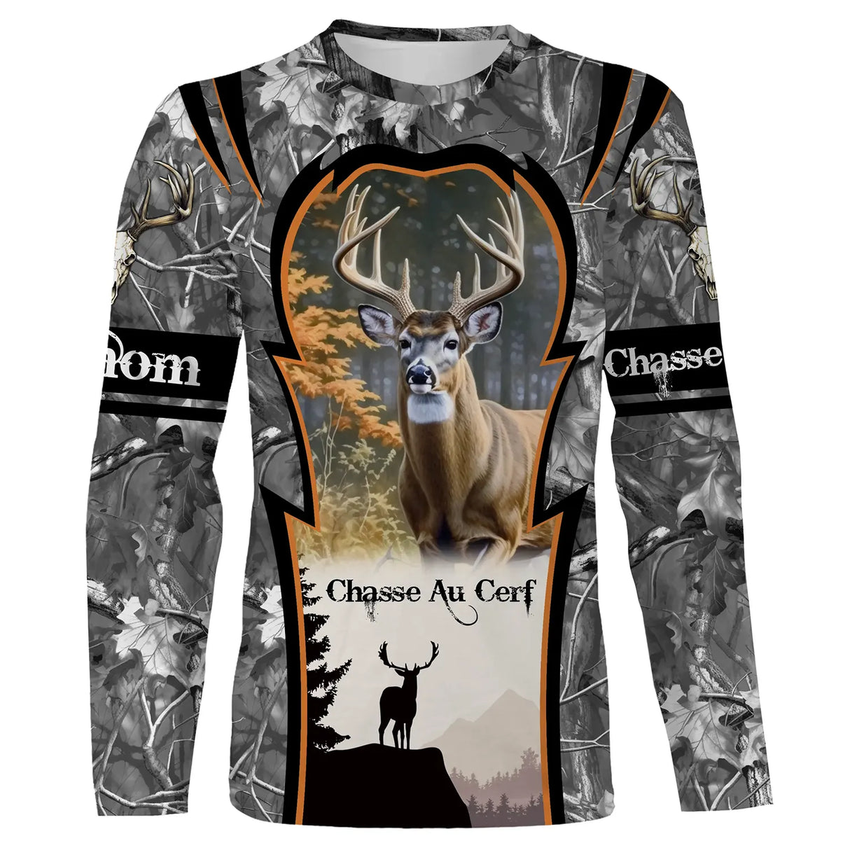 T-shirt chasse cerf gris vue de face design feutré sobre, coupe unisexe personnalisable chasseur au brame