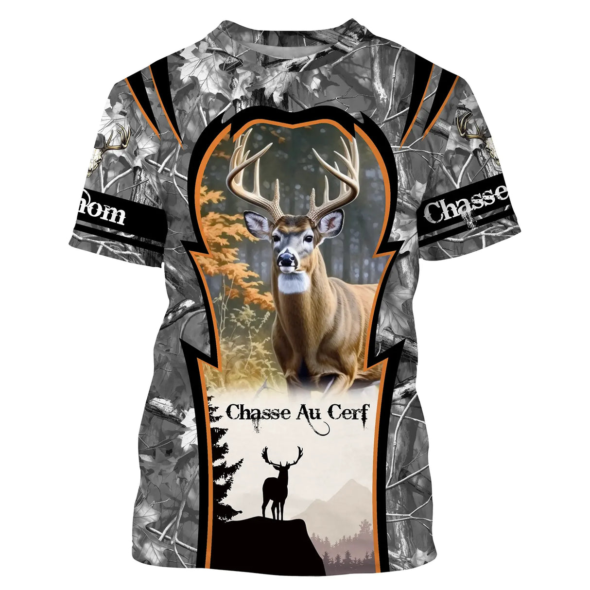 T-shirt chasse cerf camouflage gris brumeux avec grand cerf à bois imposants et faon en arrière-plan, lettrage chasse au cerf