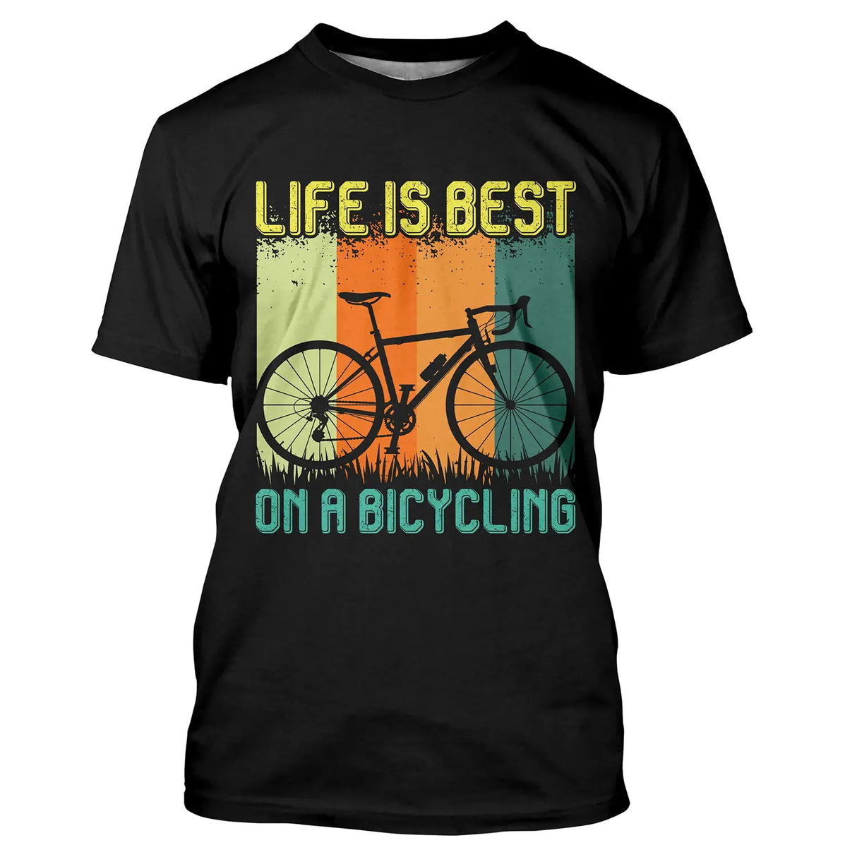 T-shirt cyclisme noir vintage unisexe avec vélo rétro coloré et slogan Life Is Best On A Bicycling