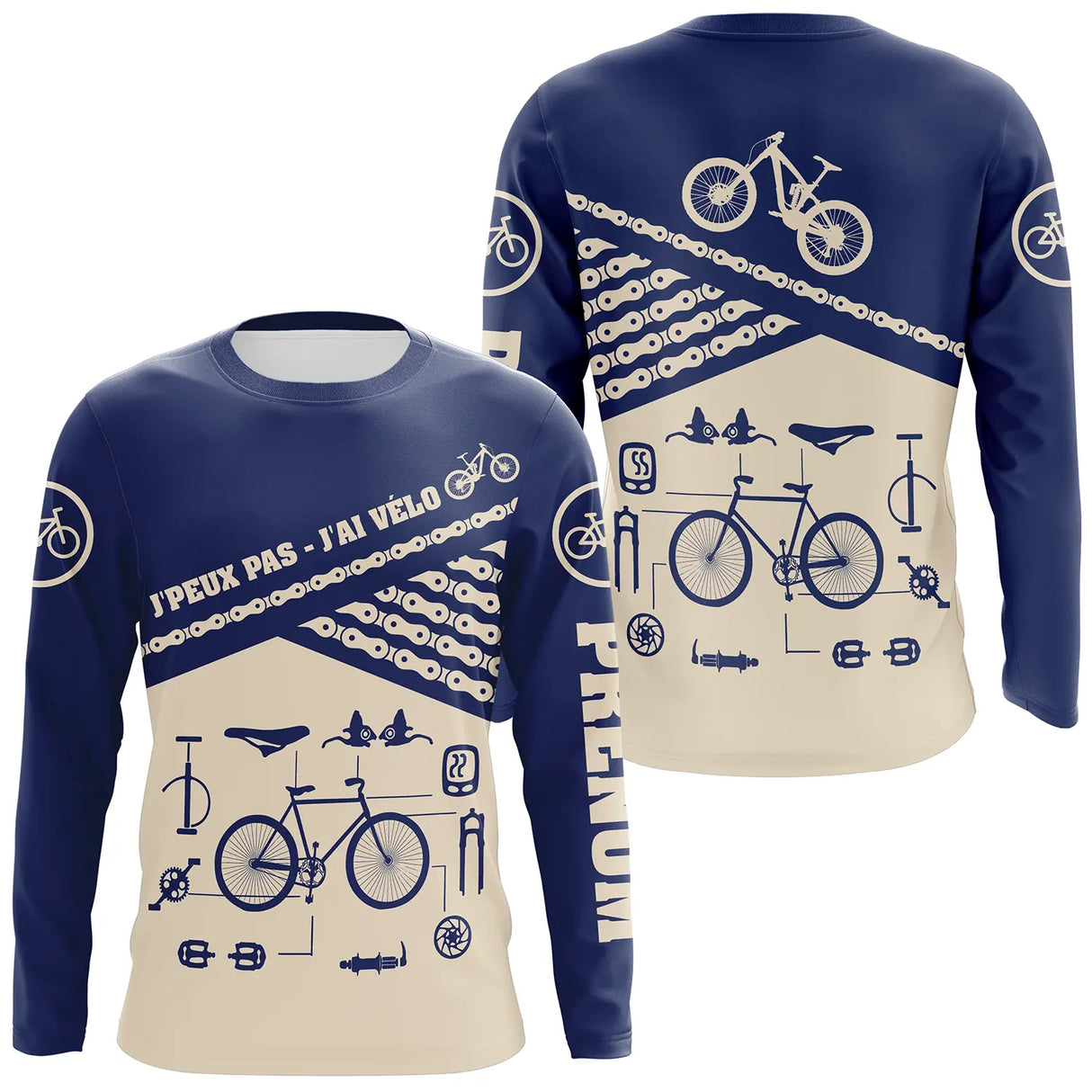 T-shirt cyclisme bleu et beige all-over unisexe avec slogan J'peux pas j'ai vélo, vélos et chaînes
