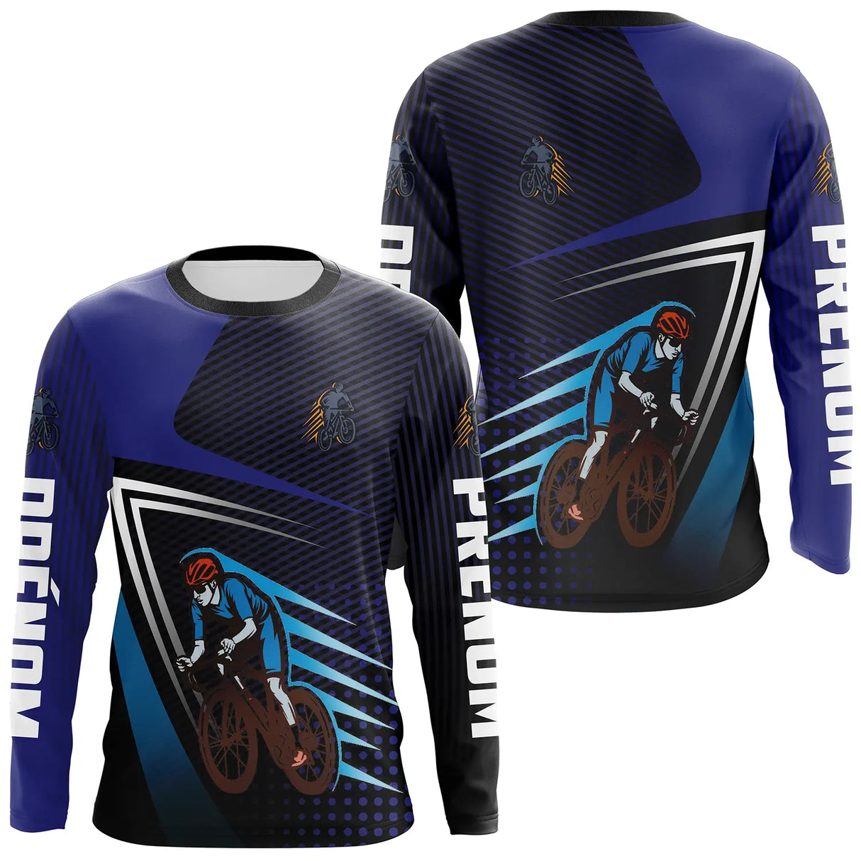 Maillot cyclisme bleu et noir all-over homme avec cycliste BMX urbain et montagne, prénom personnalisé