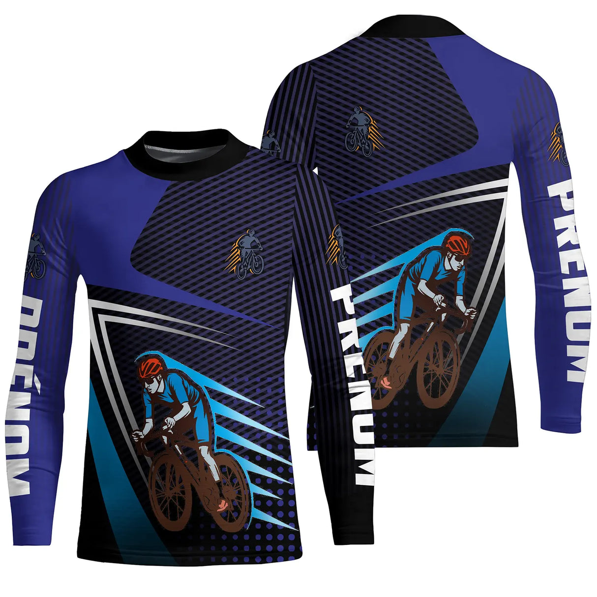 Maillot cyclisme bleu et noir all-over homme avec cycliste BMX urbain et montagne, prénom personnalisé