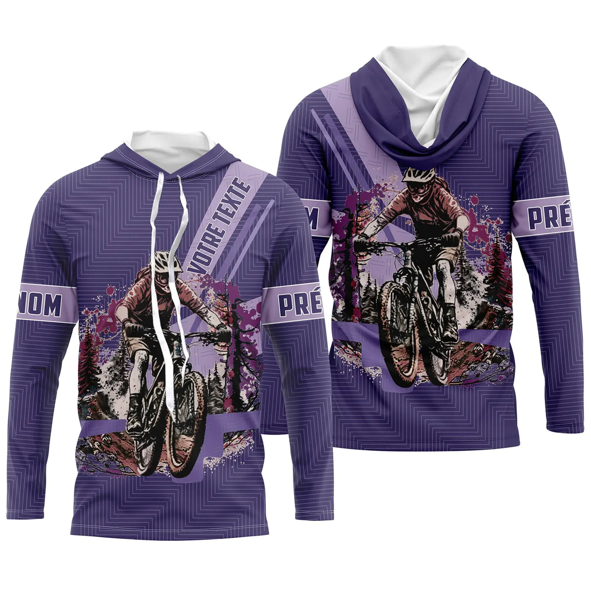 Maillot VTT violet all-over homme avec cycliste VTT en montagne et fleurs colorées, prénom et texte personnalisés