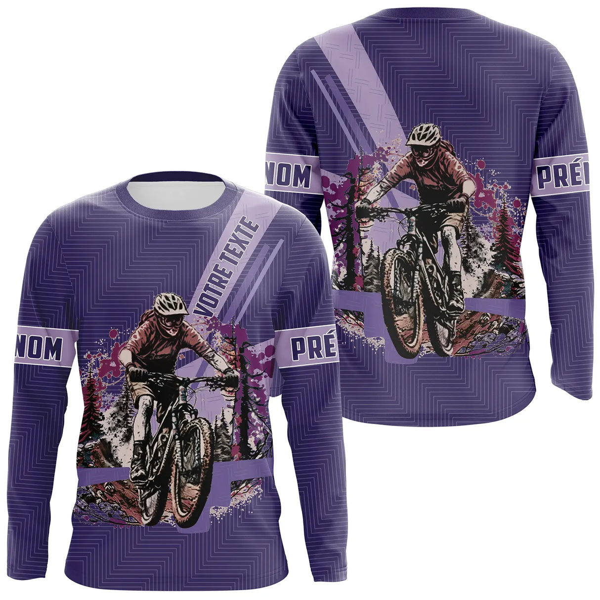 Maillot VTT violet all-over homme avec cycliste VTT en montagne et fleurs colorées, prénom et texte personnalisés