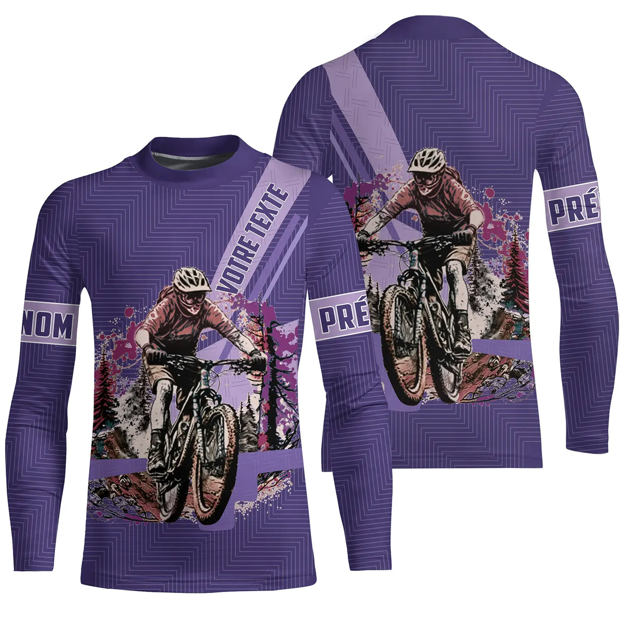Maillot VTT violet all-over homme avec cycliste VTT en montagne et fleurs colorées, prénom et texte personnalisés