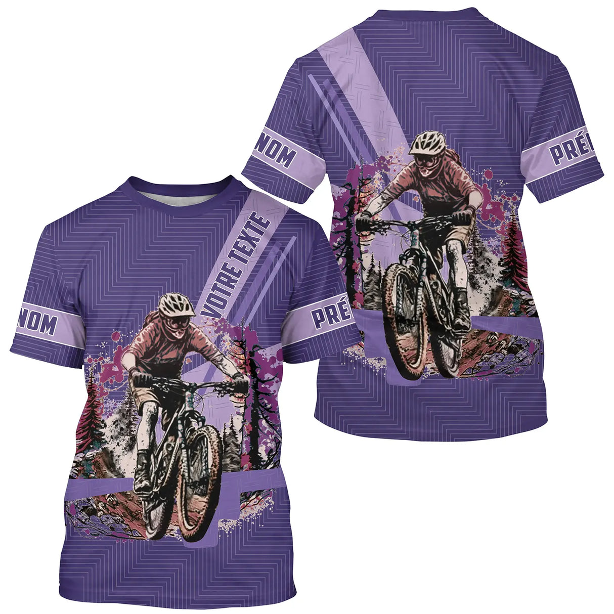 Maillot VTT violet all-over homme avec cycliste VTT en montagne et fleurs colorées, prénom et texte personnalisés