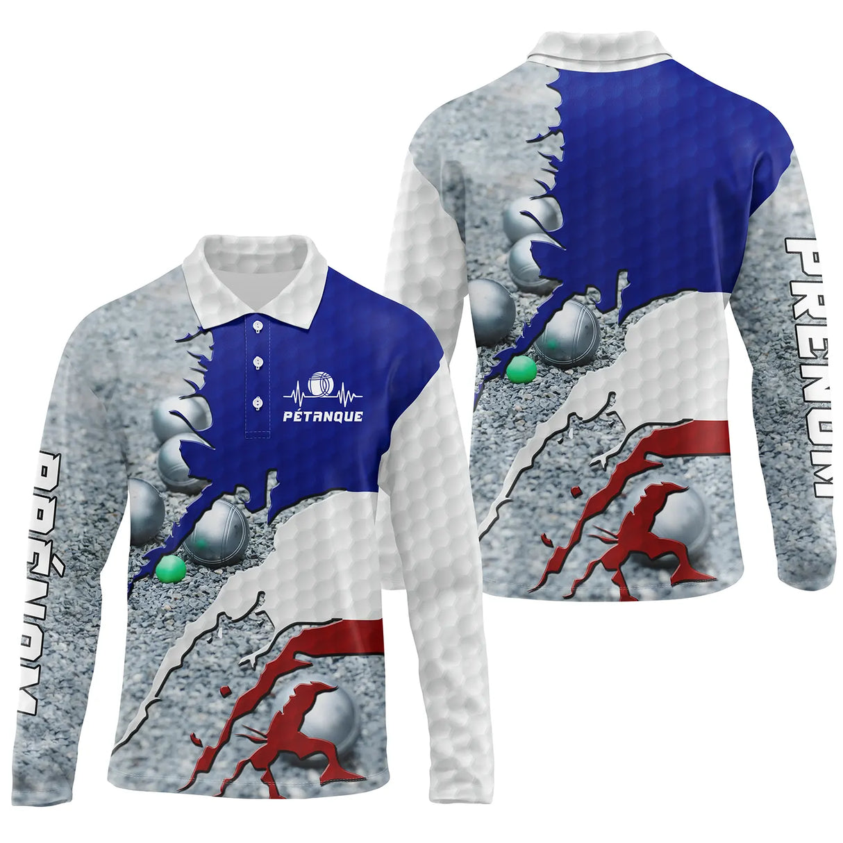 Polo manches longues homme tricolore bleu blanc rouge drapeau France boules dos prénom personnalisé