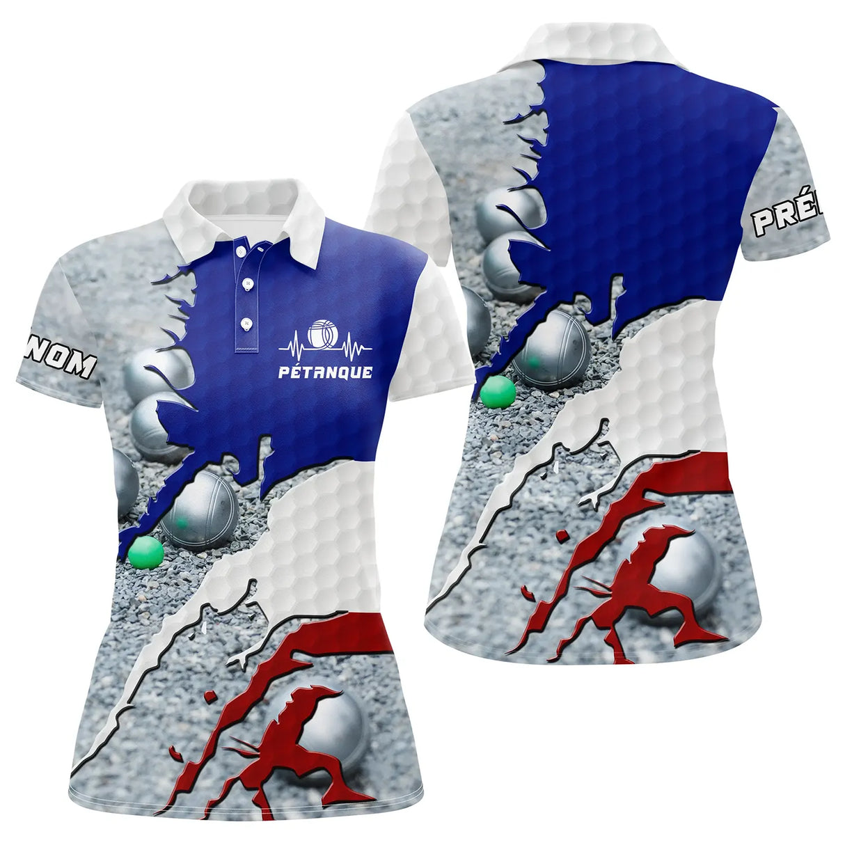 Polo pétanque femme tricolore bleu blanc rouge drapeau France boules dos prénom manche personnalisé