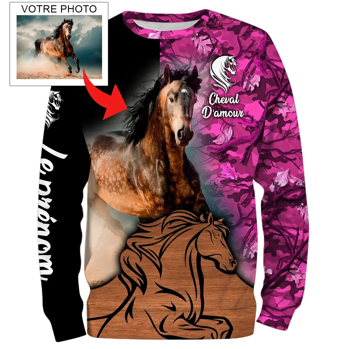 Sweat capuche Cheval femme all-over fond rose violet motif photo cheval personnalisée fleurs cavalière prénom