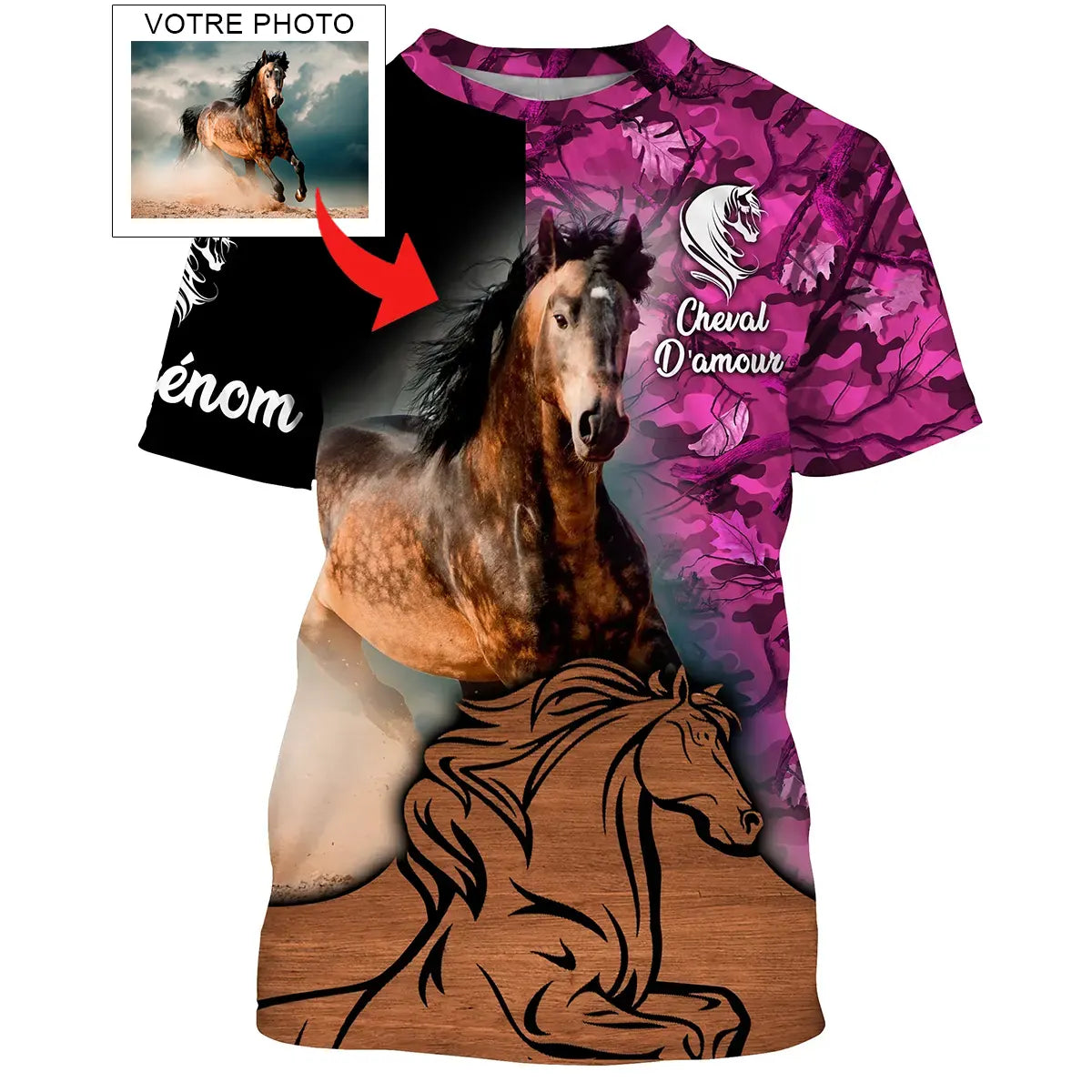 Sweat capuche Cheval d'Amour femme all-over fond floral rose motif photo cheval personnalisée prénom cavalière