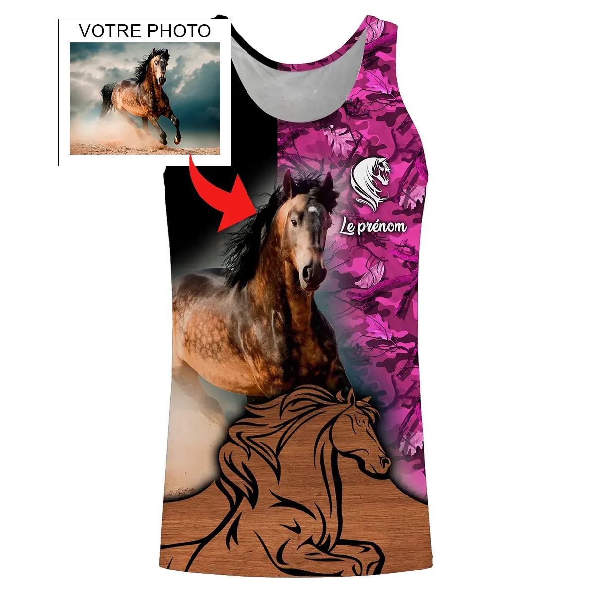 Hoodie Cheval d'Amour femme all-over fond floral rose violet motif photo cheval personnalisée prénom amazone