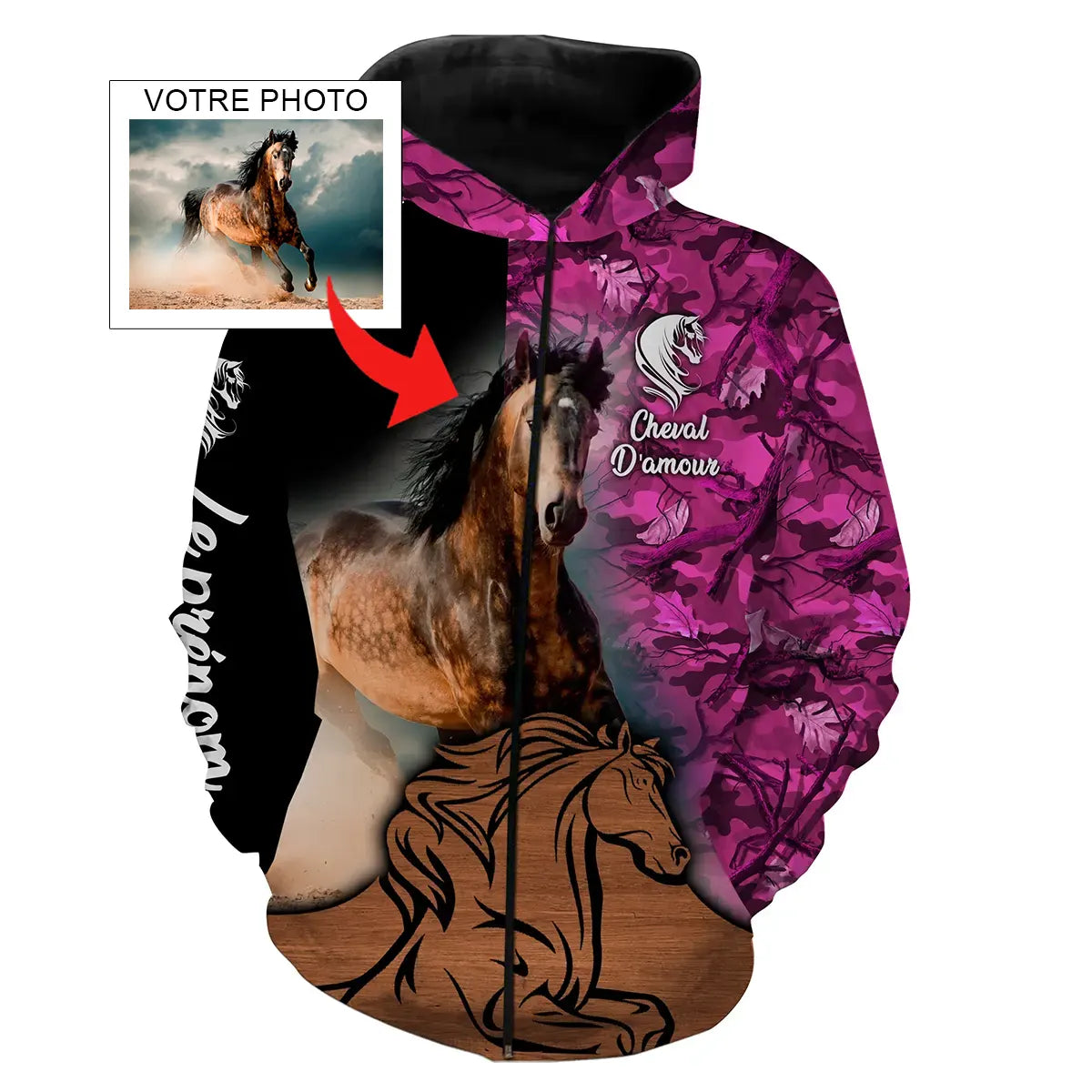 Sweat Cheval d'Amour femme all-over fond floral rose motif photo cheval personnalisée fleurs délicates cavalière prénom