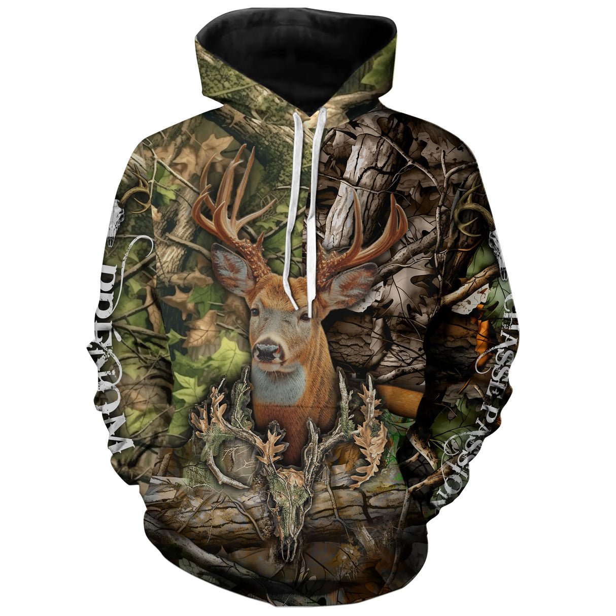Sweat à capuche chasse cerf camo vert et crâne, design tête vivante et symbolique, vêtement chaud pour chasseur