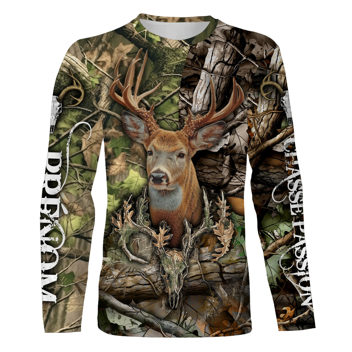 T-shirt chasse cerf vert crâne vue de face design symbolique, coupe unisexe personnalisable chasseur au brame