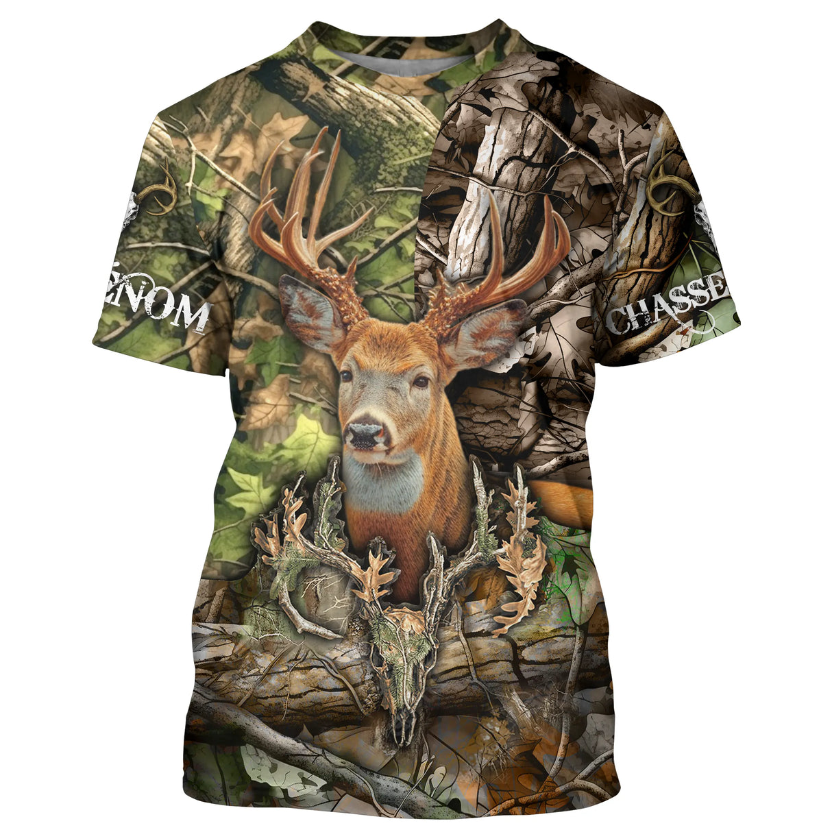 T-shirt chasse cerf camouflage vert avec tête de cerf vivante au regard intense et crâne à bois imposants en bandeau