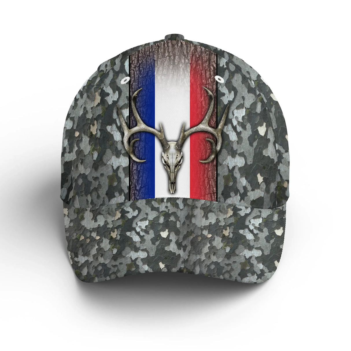 Casquette de chasse cerf vue trois-quarts, motif tricolore et trophée cerf sur camo digital gris
