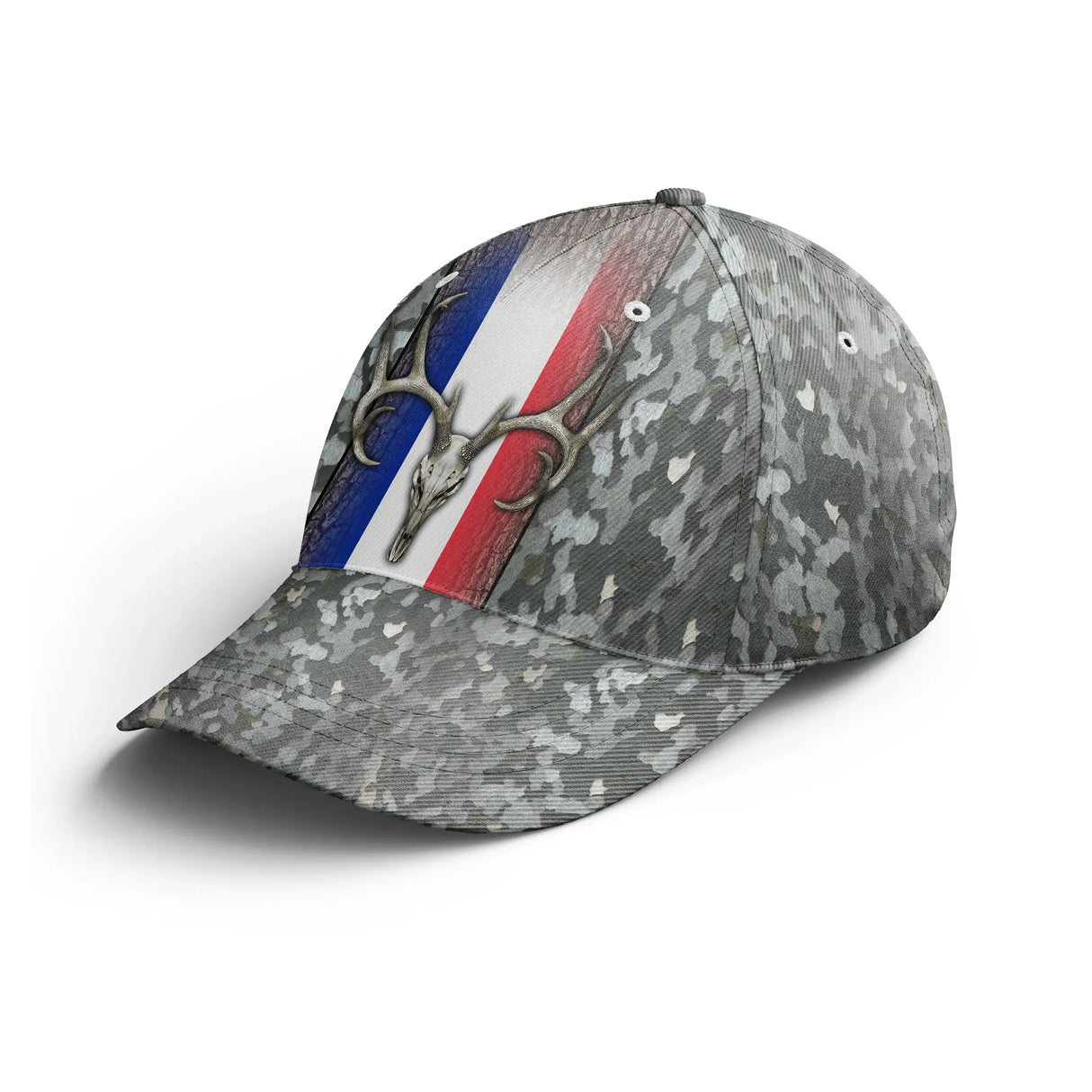Casquette chasse au cerf camouflage gris pixel avec drapeau bleu blanc rouge et crâne de cerf à bois imposants