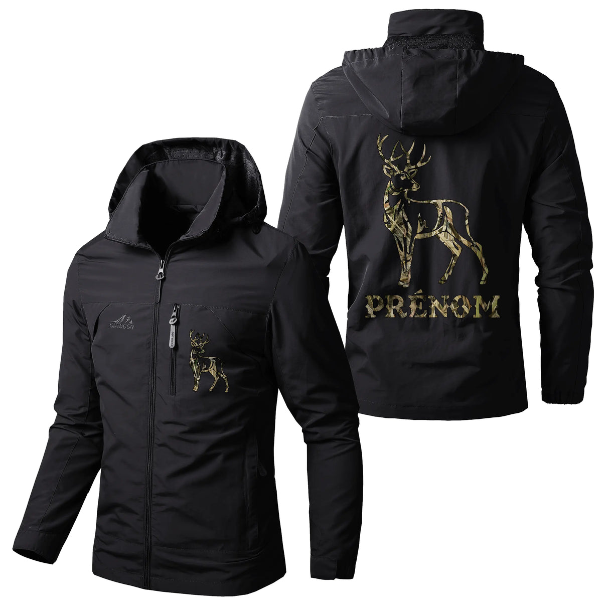 Veste chasse noire à capuche avec motif cerf doré, prénom personnalisé