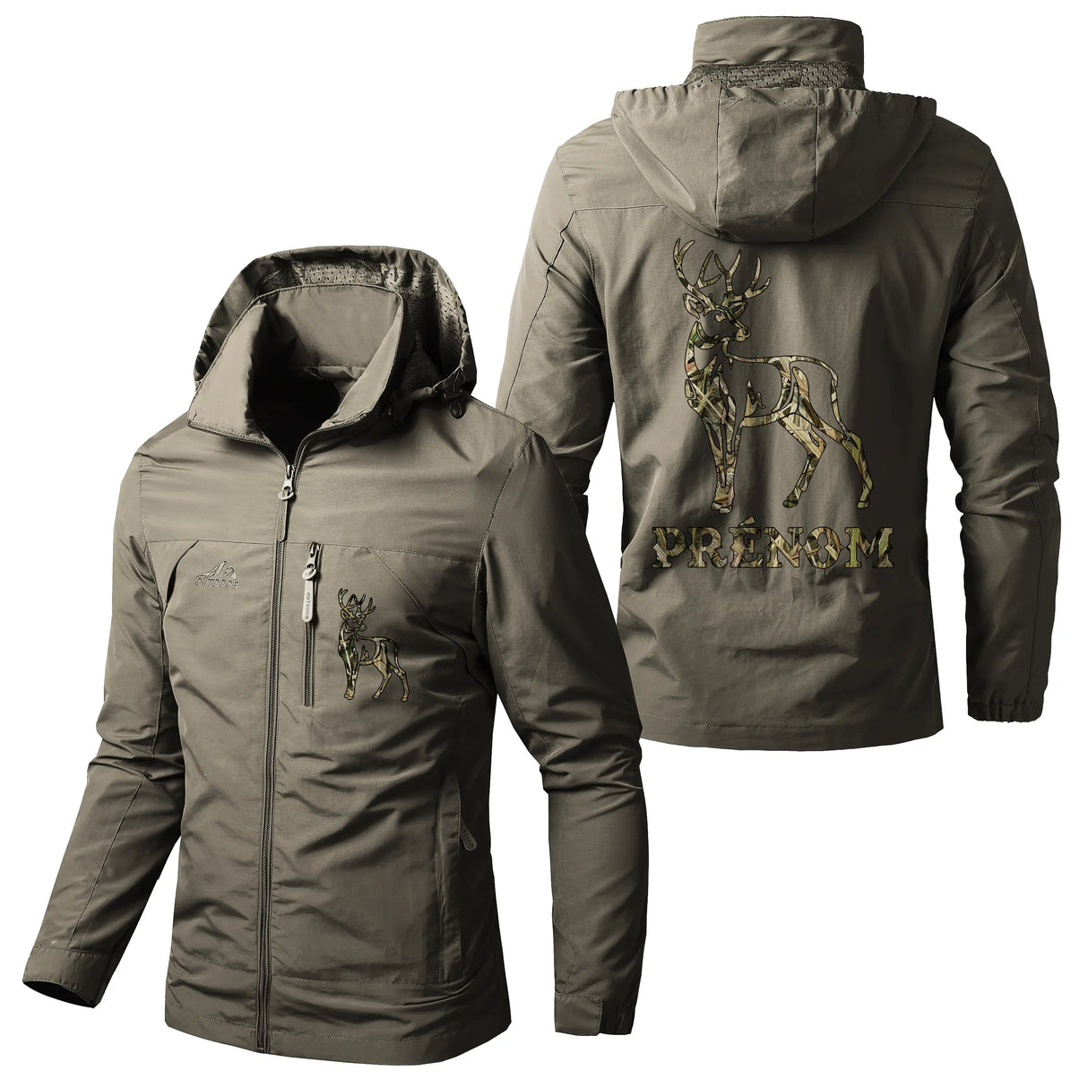 Veste chasse marine à capuche avec illustration cerf et inscription, prénom personnalisé