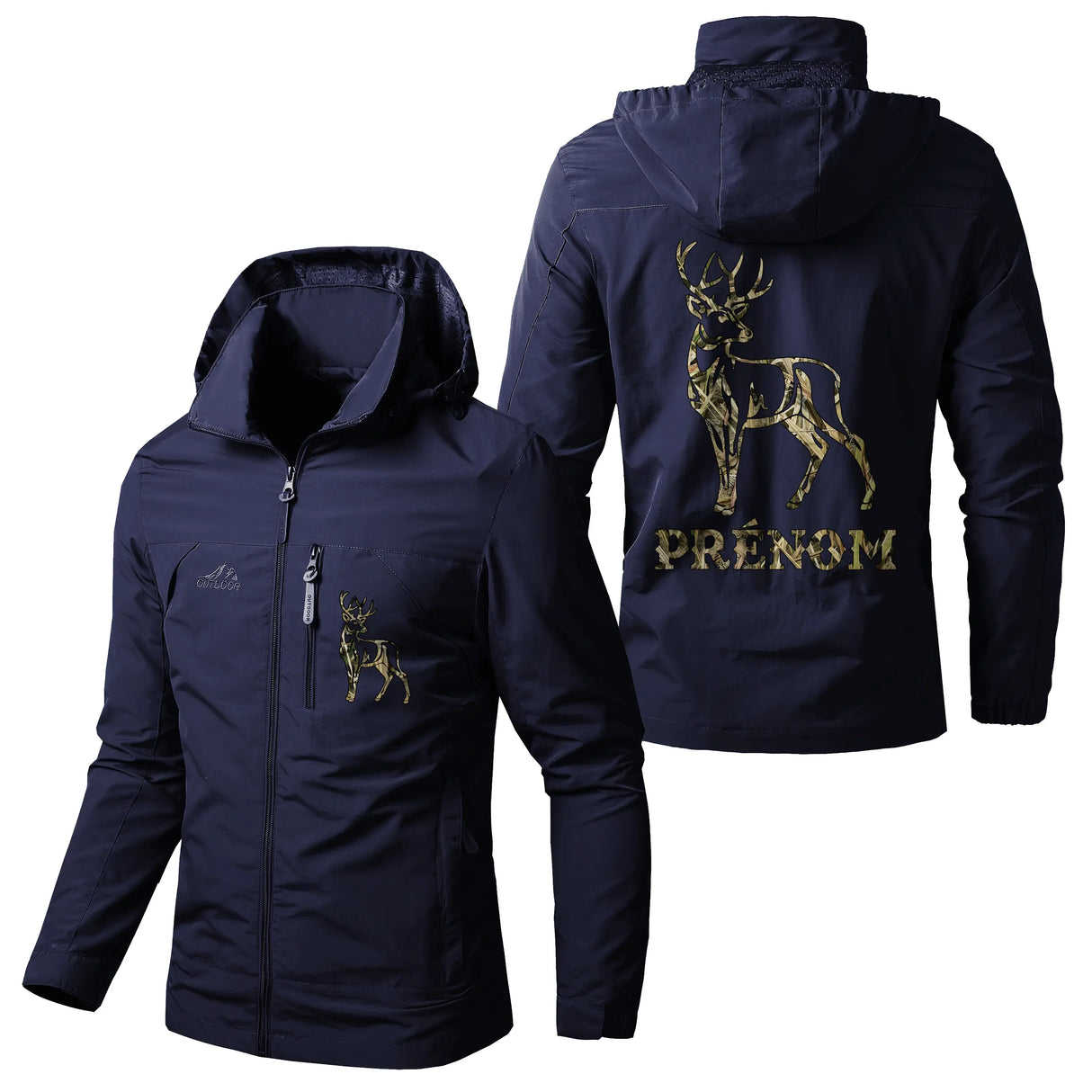 Veste chasse vert militaire à capuche avec cerf doré chasse, prénom personnalisé