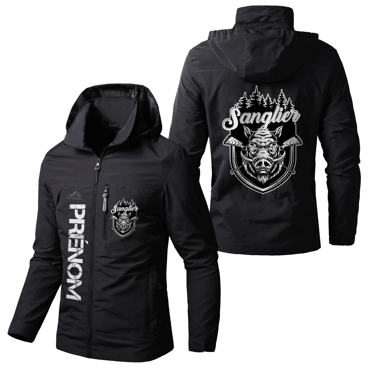 Veste chasse noire à capuche avec illustration sanglier blanc détaillée et inscription Sanglier, prénom personnalisé