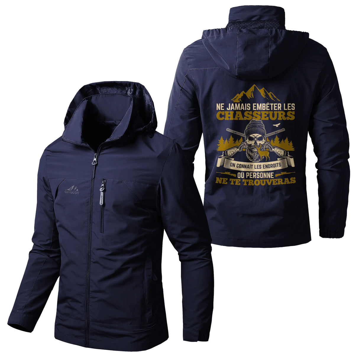 Veste chasse marine à capuche avec inscription embêter chasseurs