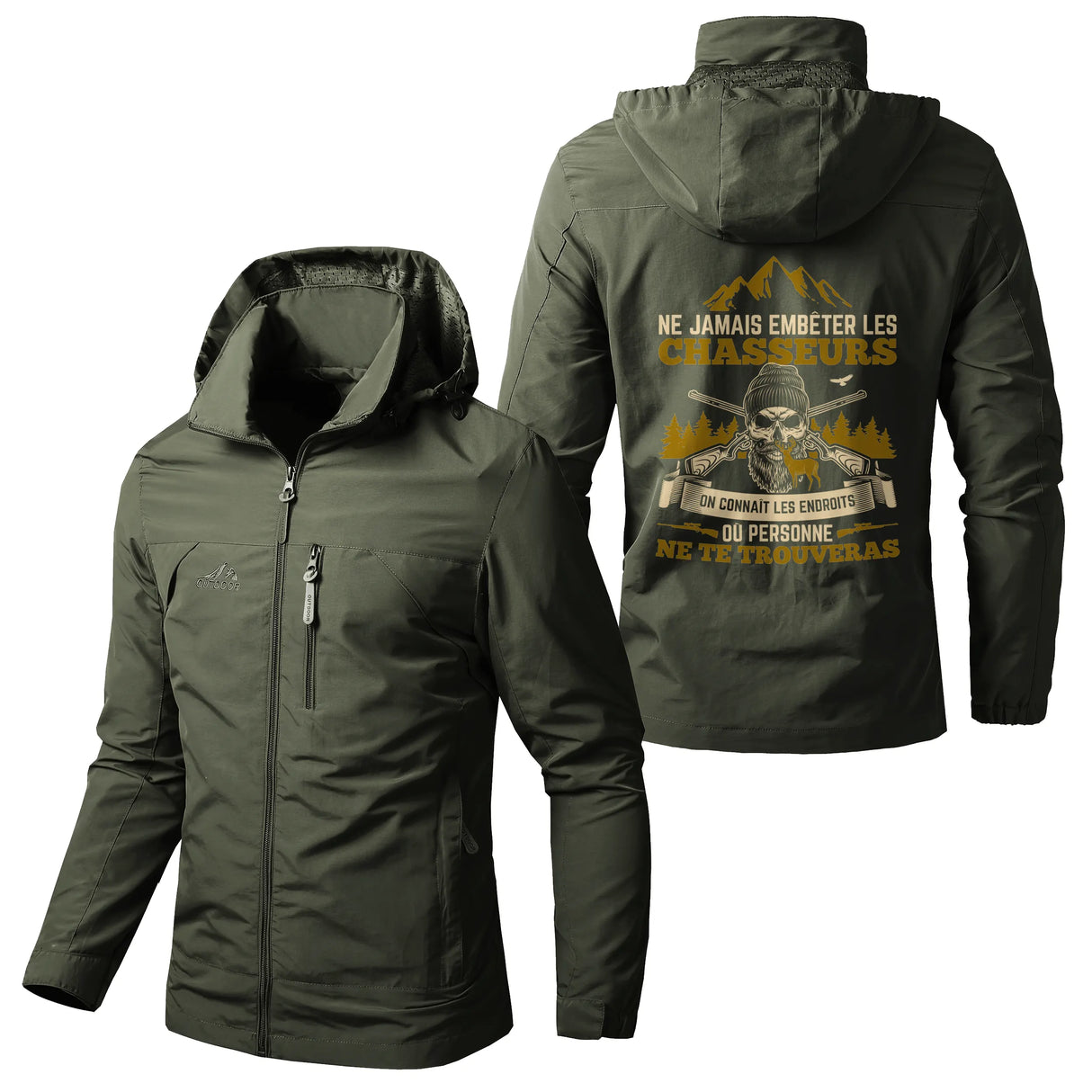 Veste chasse vert militaire à capuche avec slogan jamais embêter chasseurs