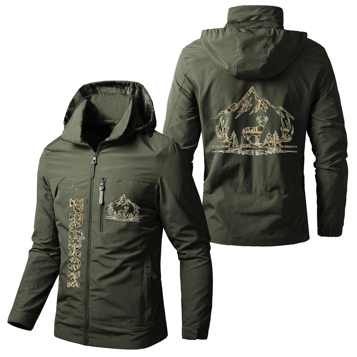 Veste chasse vert militaire à capuche avec cerf doré, prénom personnalisé