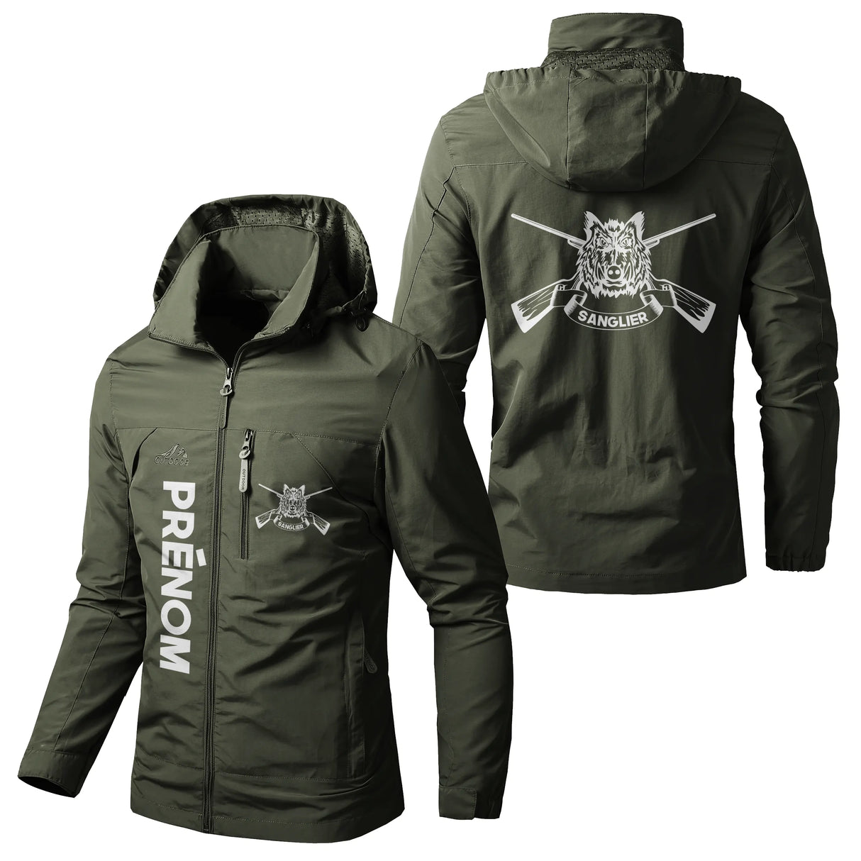 Veste chasse vert militaire à capuche avec sanglier et fusils, prénom personnalisé