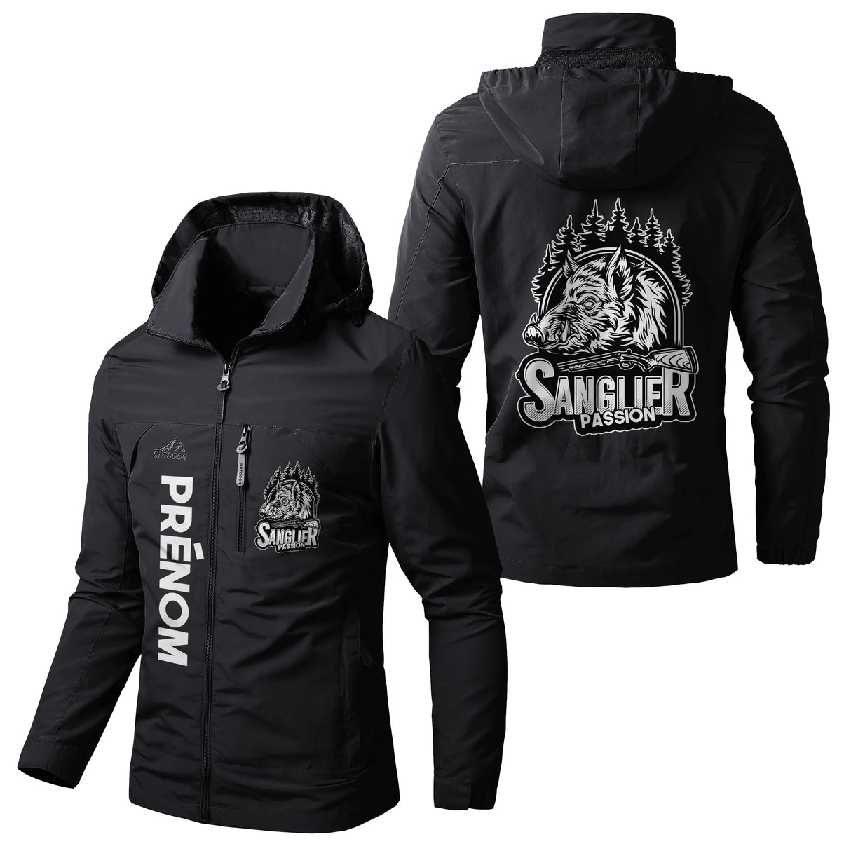 Veste chasse noire à capuche avec illustration sanglier blanc et inscription Sanglier Passion, prénom personnalisé