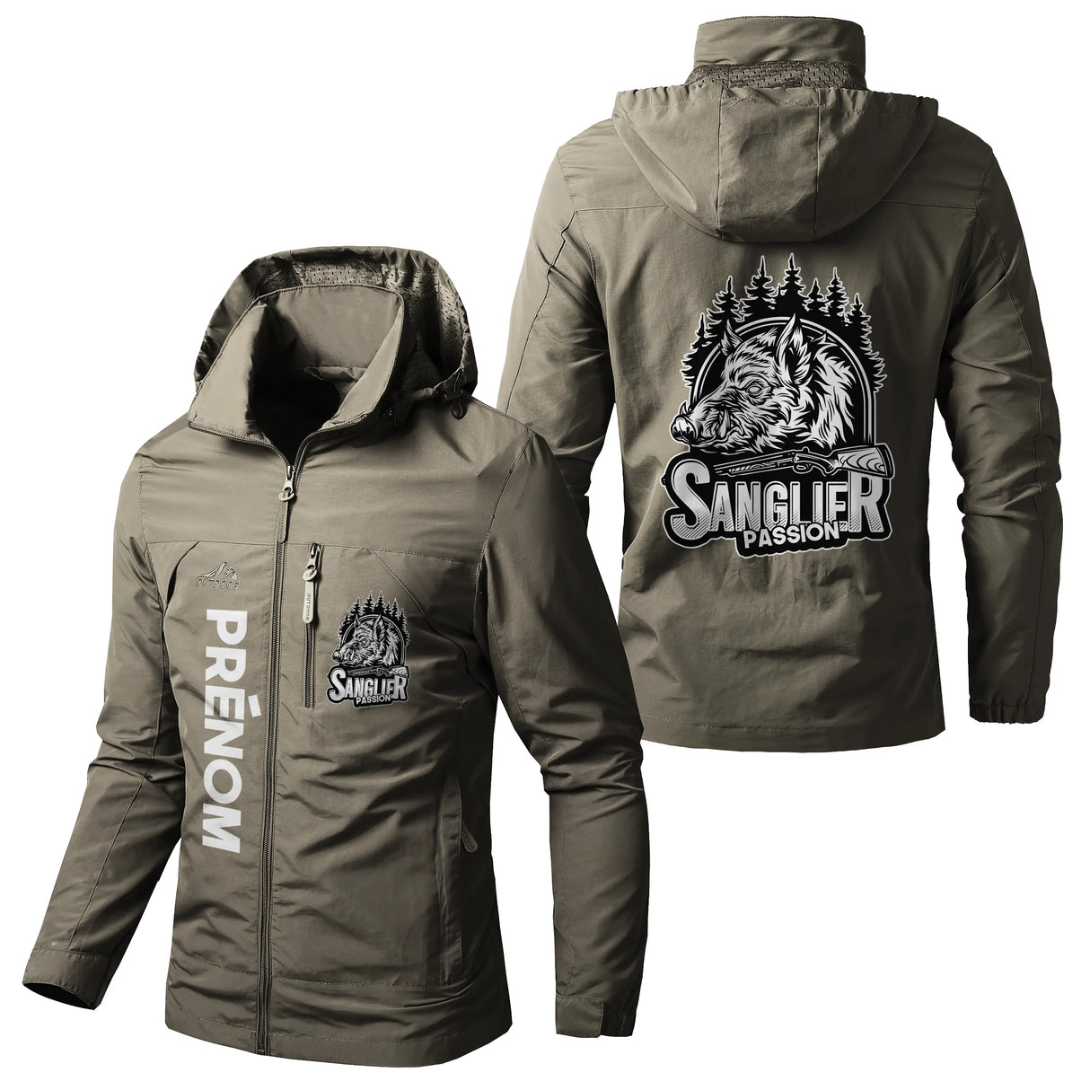 Veste chasse vert kaki à capuche avec motif sanglier passion, prénom personnalisé