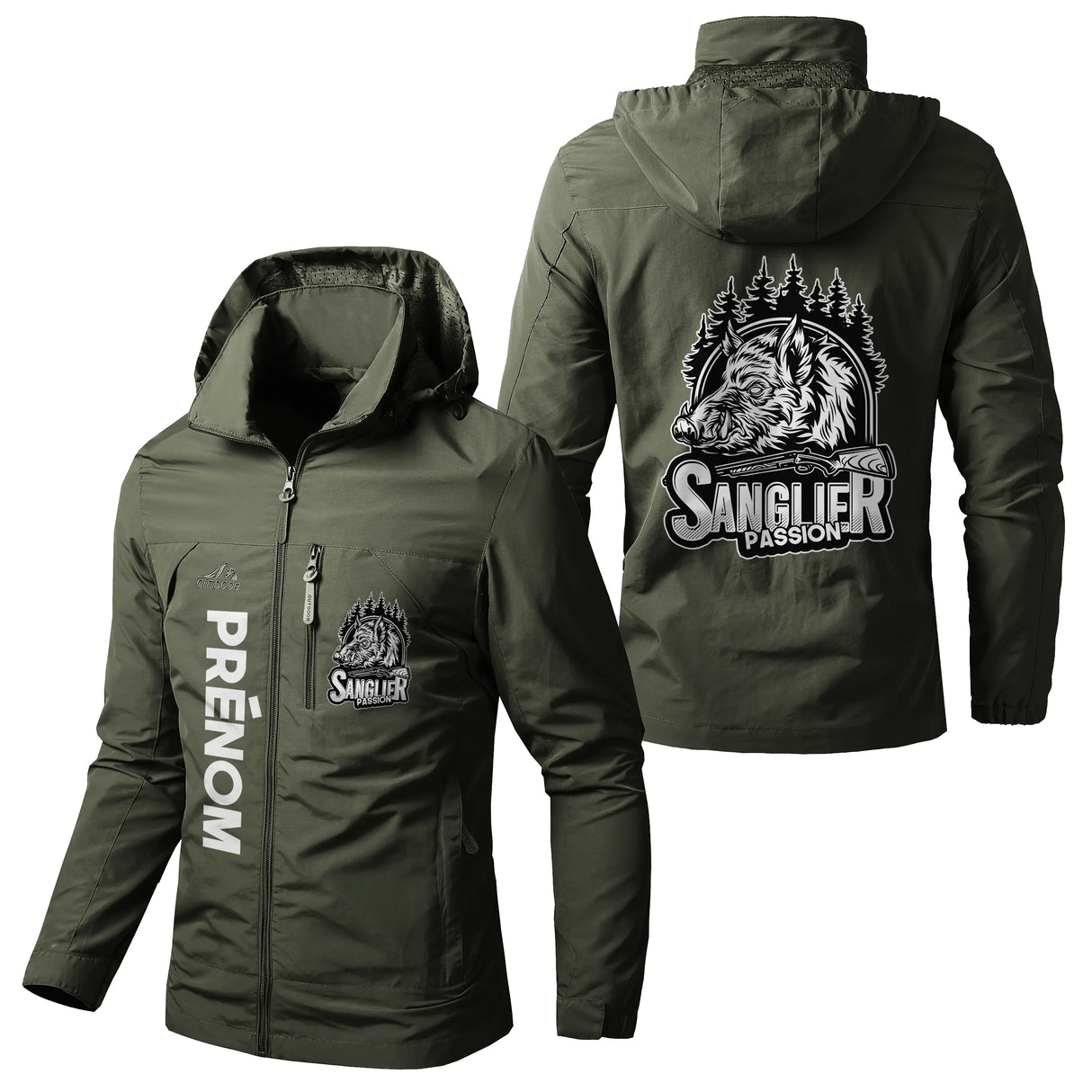 Veste chasse vert militaire à capuche avec sanglier passion chasse, prénom personnalisé