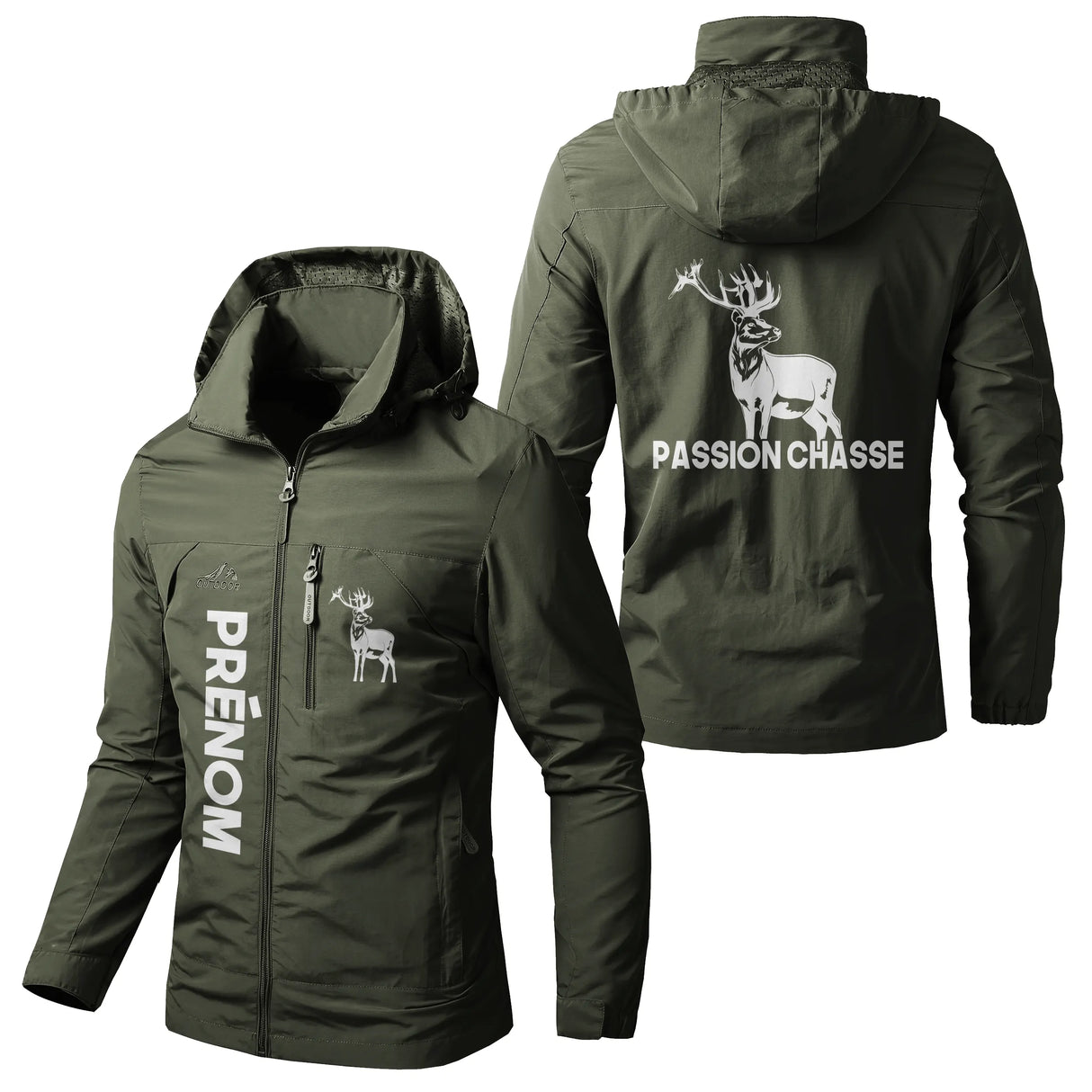 Veste chasse vert militaire à capuche avec cerf passion chasse, prénom personnalisé