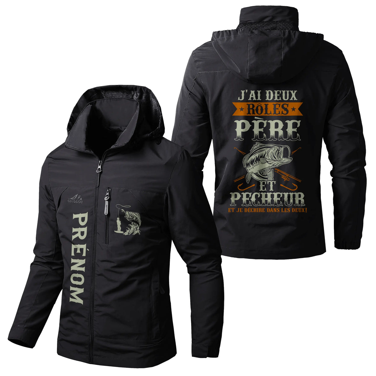 Veste pêche noire à capuche avec slogan J'ai deux rôles père et pêcheur et illustration poisson, prénom personnalisé